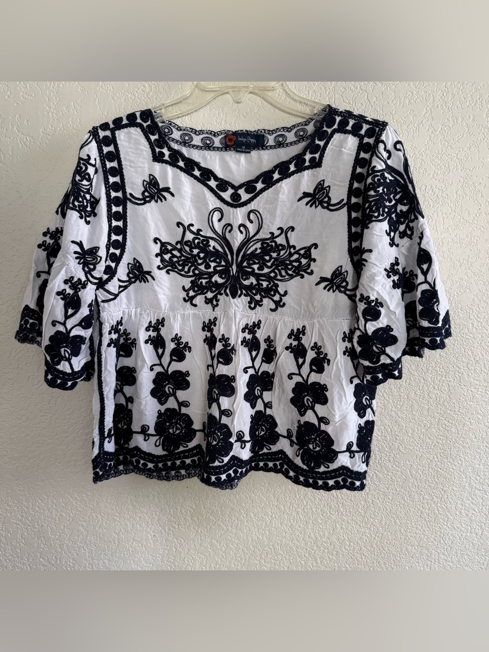 Indigo Poppy Navy White Embroidered Top Boho Chic Peasant babydoll folkloric M